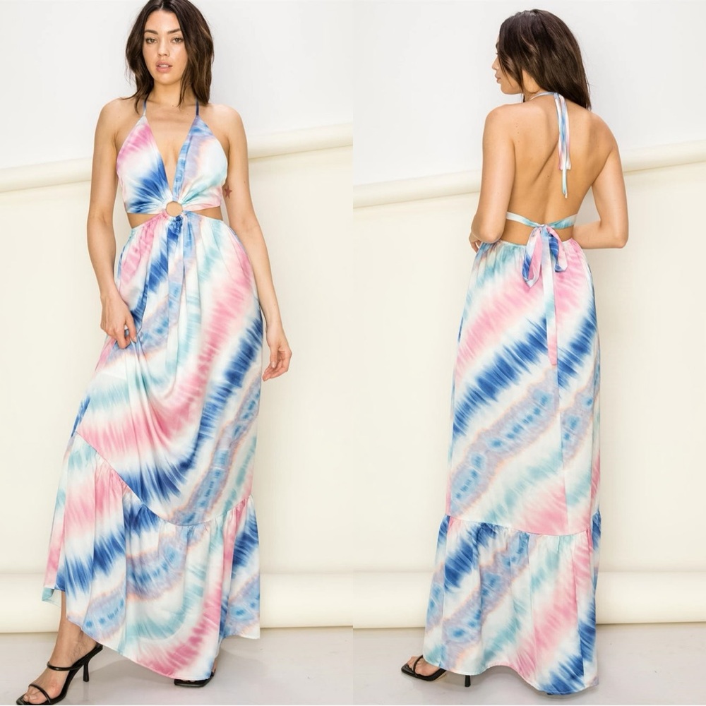 . Boutique Rainbow Sunset Colorful Tie Dye Colorful Cutout Tie Maxi Dress - Picture 7 of 11